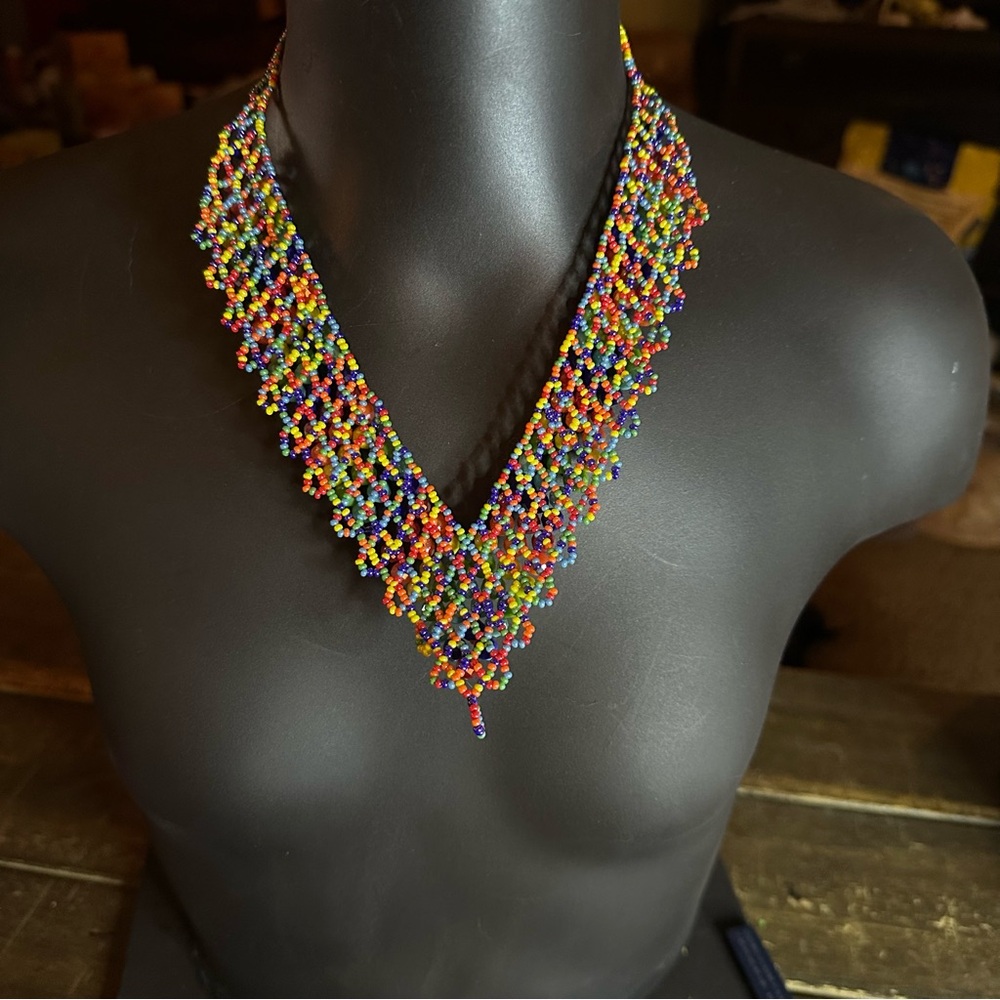 Multicolored Handmade Beaded Chaquira Necklace V-Shaped Statement Boho Choker - Picture 12 of 14